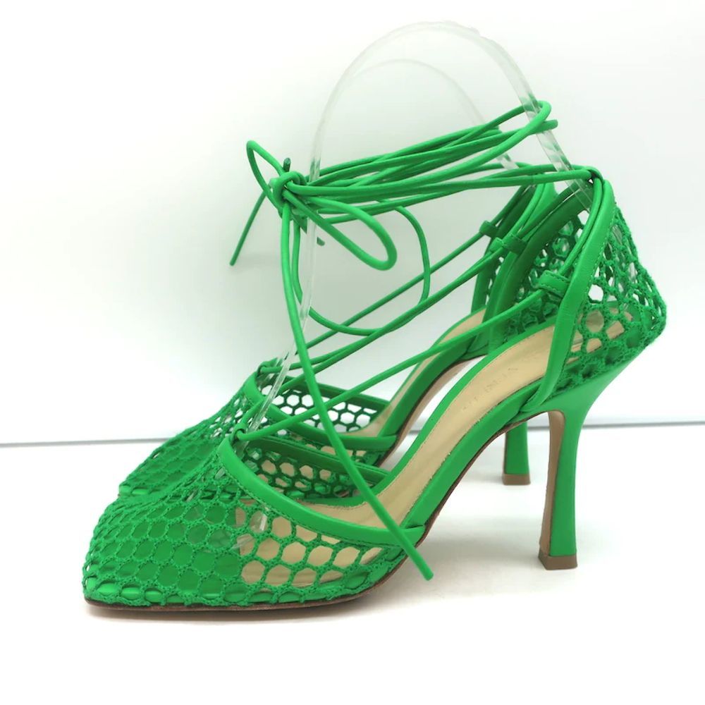 Bottega Veneta Stretch Ankle Tie Sandals Green Mesh & Leather Size 37 - Picture 5 of 10